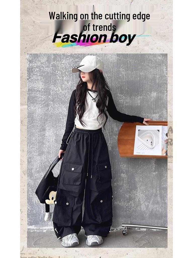 2025 Neue Mädchen Cargo-Hose mit weitem Bein: Stilvolle Herbst-Streetwear für große Kinder