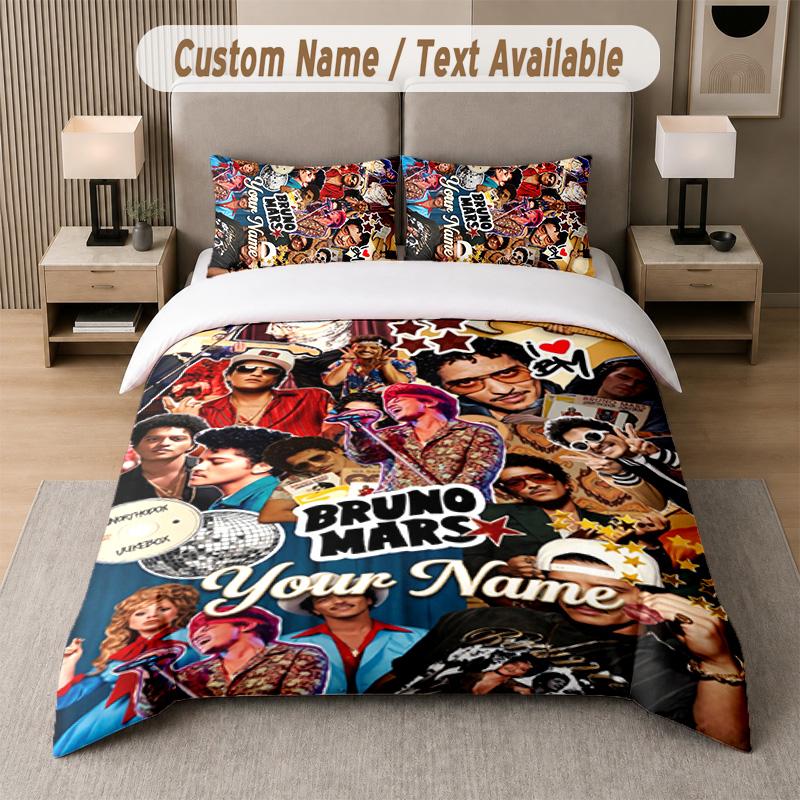 Bruno Mars 3Pcs Bedding Set, Personalized Custom Name Text, 1 Duvet Cover & 2 Pillowcases For Bedroom