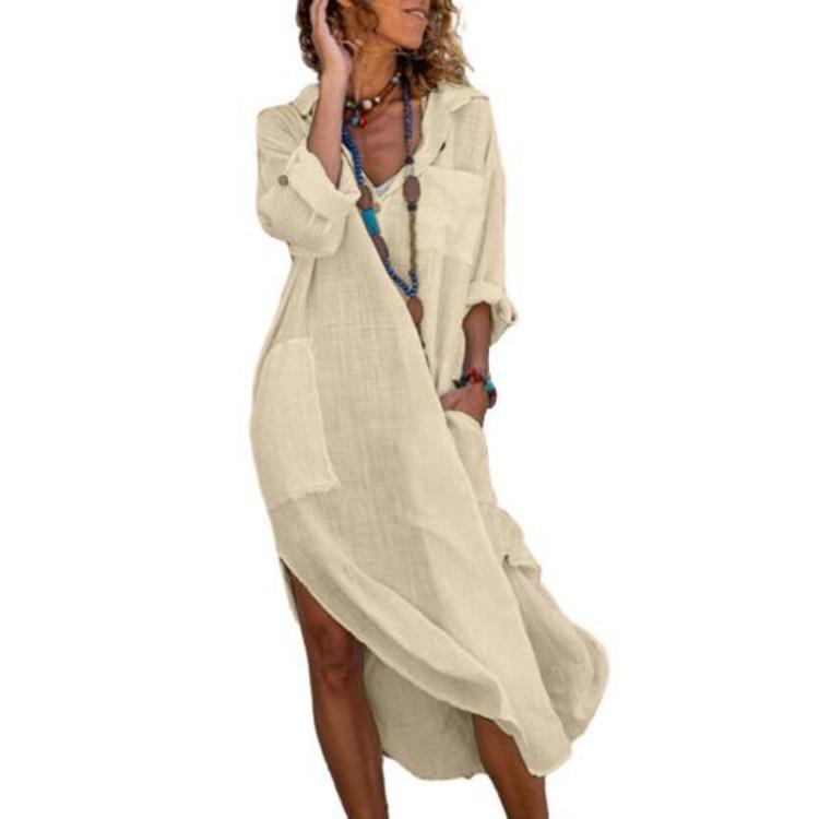 Summer Beach Dress Women Loose Fit V Neck Lapel Midi Dress Solid Color with Pockets Side Split Thin Holiday Shirt Dress