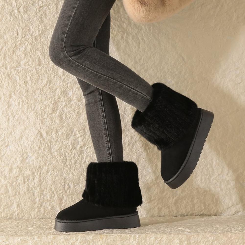 Fashion Large size thick-soled snow boots women's 2024 winter new sleeve piled warm medium tube flanged fluffy cotton shoes