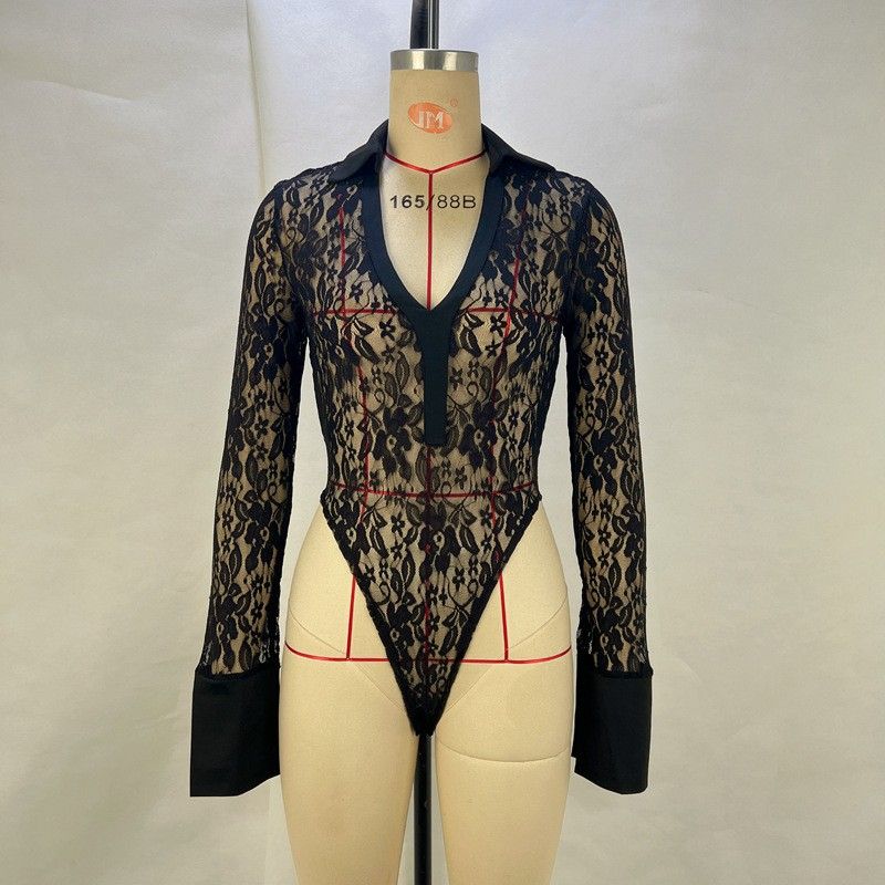 

Fashion Ins Trendy Lace Patchwork Deep V Long Sleeve Tops Silm Culottes Sexy See-through High Waist Flared Pants Suit Black Tops S