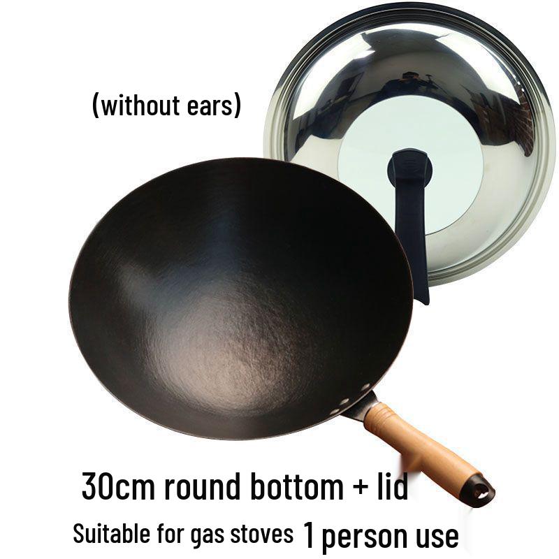 Vintage Uncoated Cast Iron Flat-Bottom Non-Stick Wok, Compatible with Induction & Gas Stoves, Ideal for Rural Household Stir-Fry.