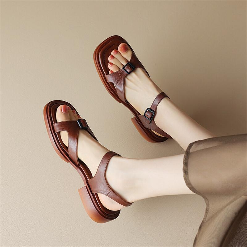 Fashion 2025 NEW Summer Women Sandals Genuine Leather Chunky Heel Shoes Square Toe Low Heel Shoes for Women Cow Leather Shoes Handmade