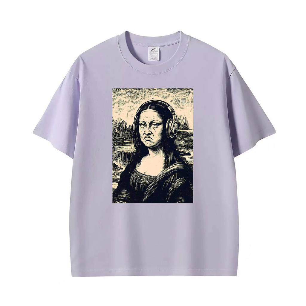 Vintage Mona Lisa Headphones Funny Disgust Face Parody Art T Shirts Unisex Unisex Casual Cotton Fashion T Shirt Short Sleeve Tshirt