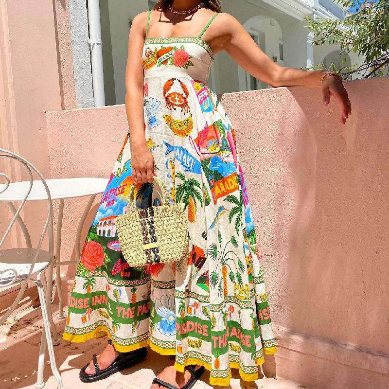 New Sexy Women's Clothing Suspender Graffiti Print Sleeveless Big Swing Cotton and Linen Dress