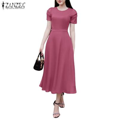 Women Elegant Round Neck Short Sleeve Summer Casual Dress
