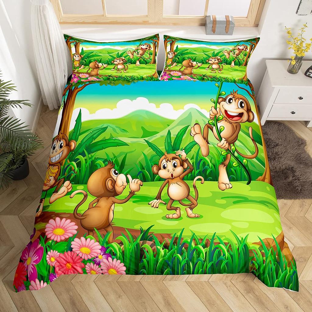 Niedlicher Affe Cartoon Tiere Bettbezug Kinder Kinder Frauen Geschenke Frischer und Natürlicher Stil Thema Schlafzimmer Dekorationen Queen Size