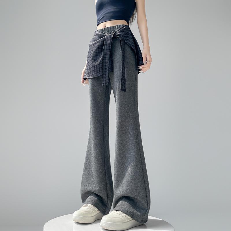 

Women s Summer High-Waist Plaid Micro-Flare Pants: Stylish Two-Piece Look, Slimming, Casual, Stretchy, Versatile Large темно-сірий