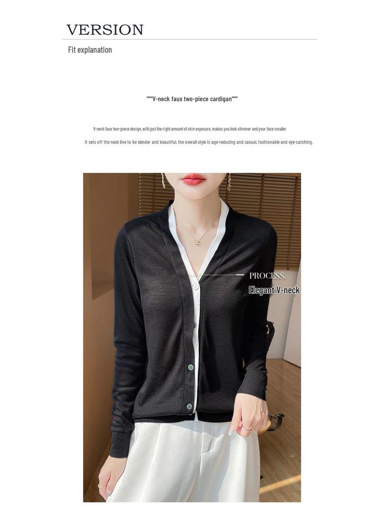 2025 Spring/Summer Colorblock V-Neck Fine-Knit Cardigan – Long Sleeve, Loose Fit, Versatile Two-Piece Top