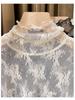 Fleece-Lined High-Neck Sheer Lace Base Layer for Women – Autumn/Winter Trendy White Mesh Top