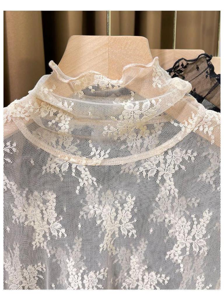 Fleece-Lined High-Neck Sheer Lace Base Layer for Women – Autumn/Winter Trendy White Mesh Top
