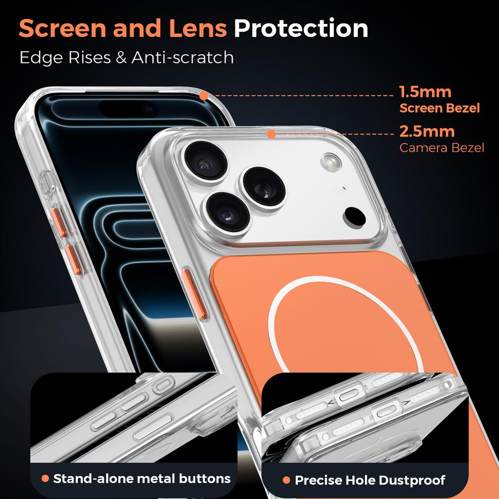 iPhone 17 Air 17 Pro Max 16Pro 15 14 Pro için Metal Düğmeli Şeffaf Manyetik Telefon Kılıfı Magsafe Şeffaf Kablosuz Şarj Sert Koruyucu Kapak