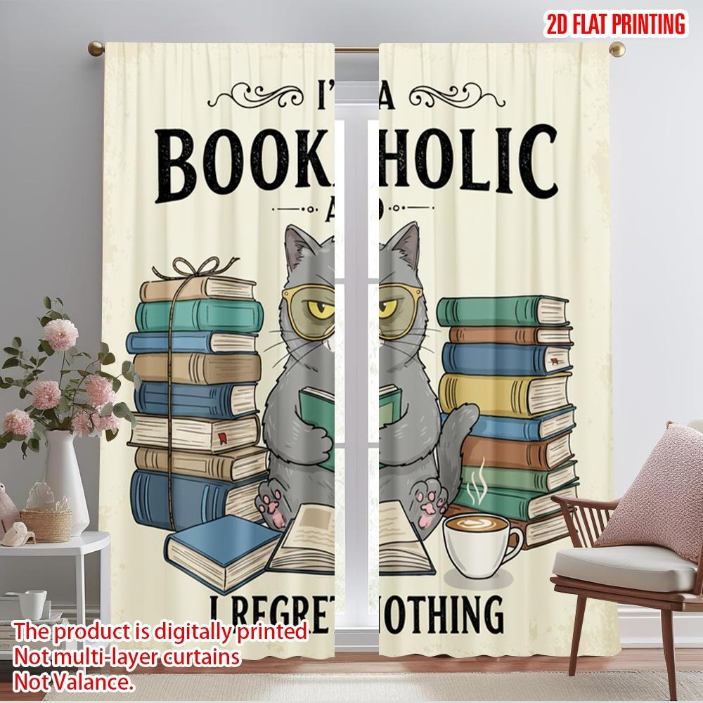 

2pcs 2D flat printing Window Curtains Bookaholic Cat Reads Books Fabric Without Electricity Festive Wall Decor for Classroom 52.50×116.00 CM 2pcs