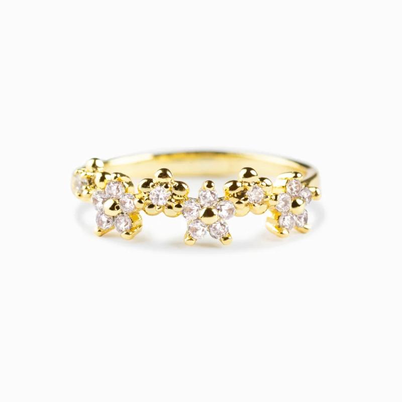 Huitan Shining Dainty Flower Finger Ring Lady Gold Color Bright Zirconia Jewelry for Engagement Graceful Women Wedding Band Gift