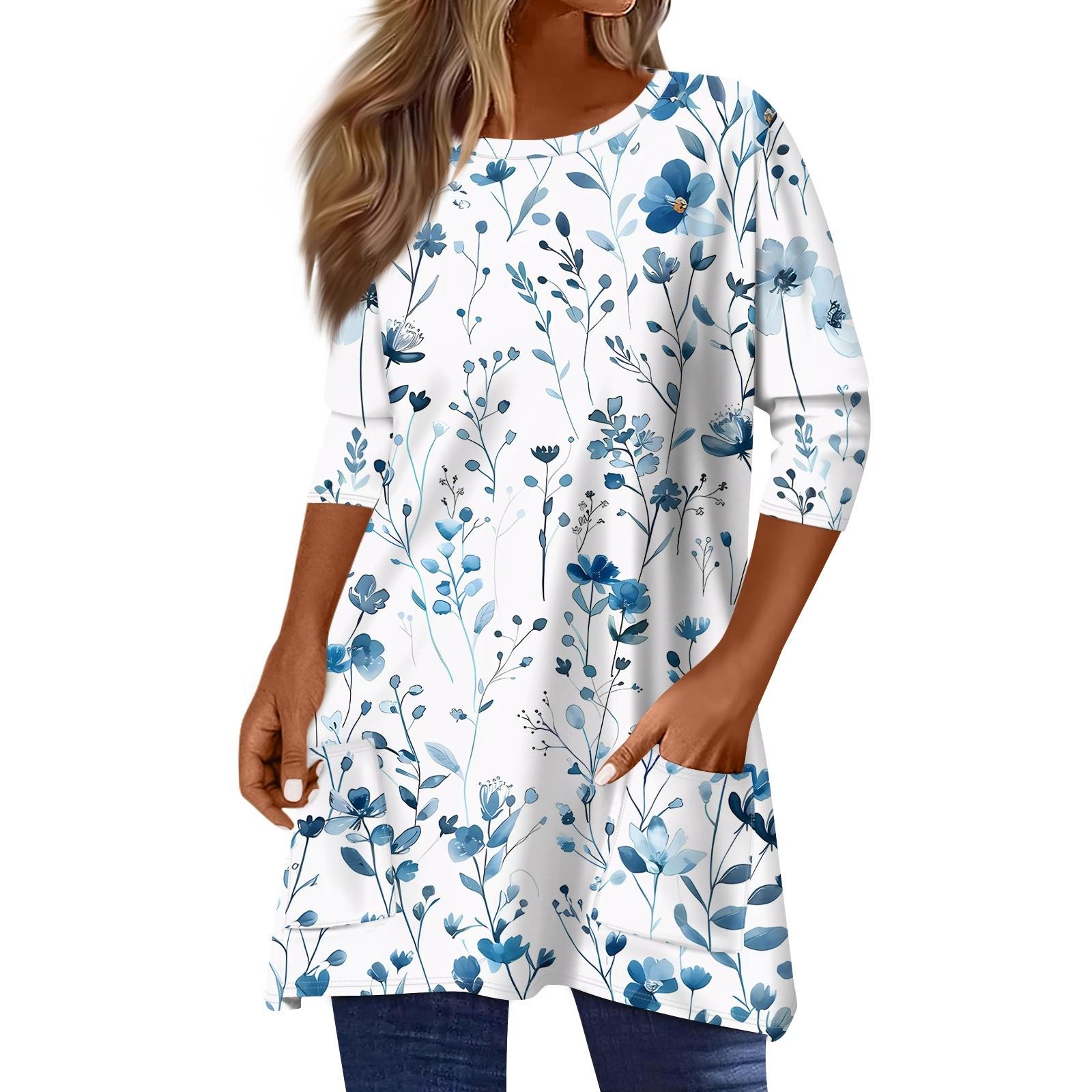 

3/4 Sleeve Pocket Tops For Women Print Mid-length T Shirt Round Neck Blouse XL