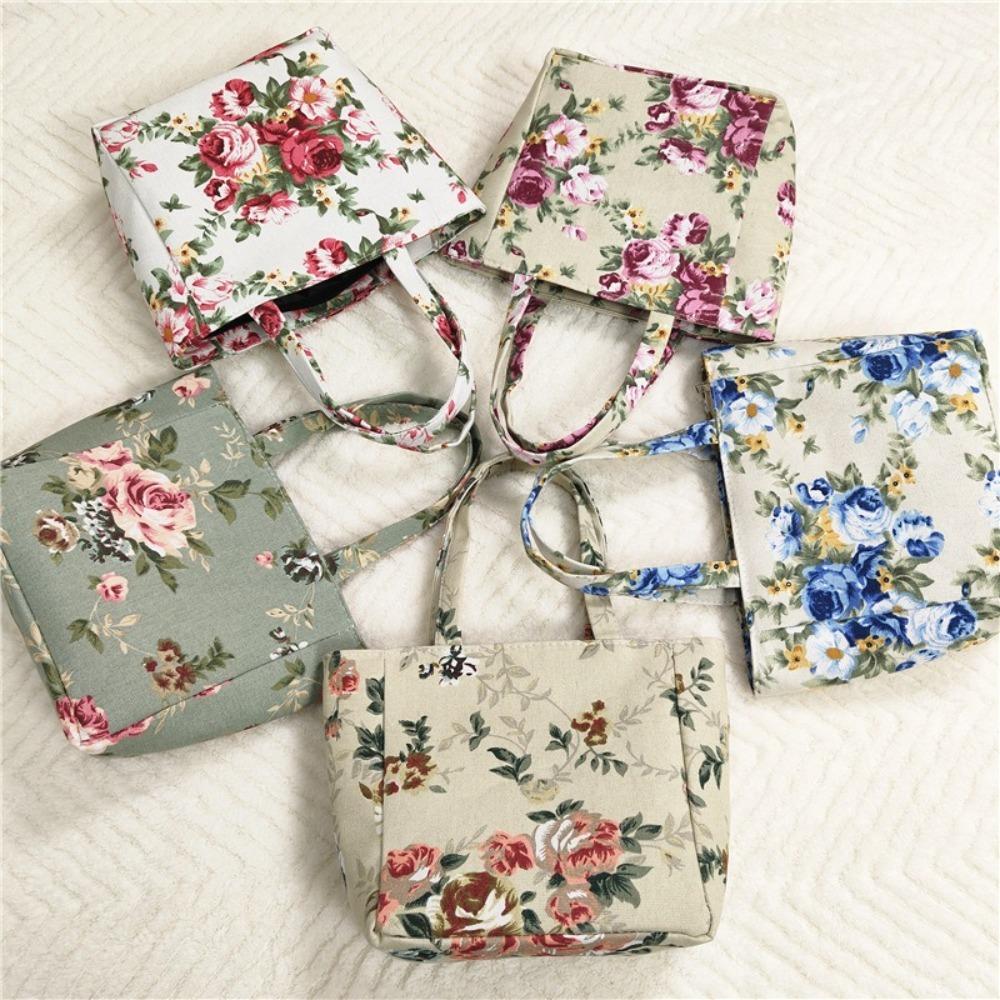 New Fashion Flower Printed Lunch Bag Portable Canvas Handbag Jacquard Zipper Canvas Bag Women
