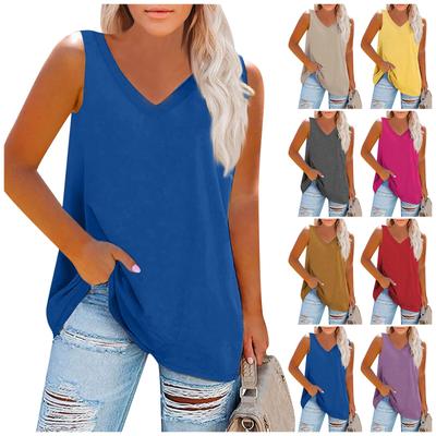 Women's Fashion Plus Size V Neck Color Sleeveless Casual T-Shirt Tank Top Top