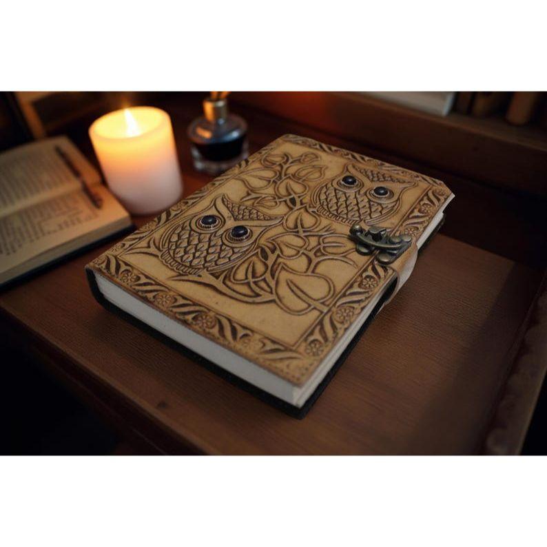 Owl Leather Grimoire Journal Handmade Blank Spell Book of Shadow Leather Sketchbook Travel Notebook Writers Gift For Her Him