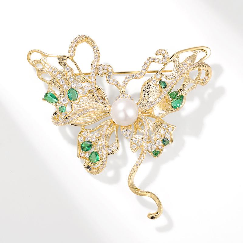 Bo Xin Yun Light Luxury Zircon Butterfly Brooch with Agate and Freshwater Pearls