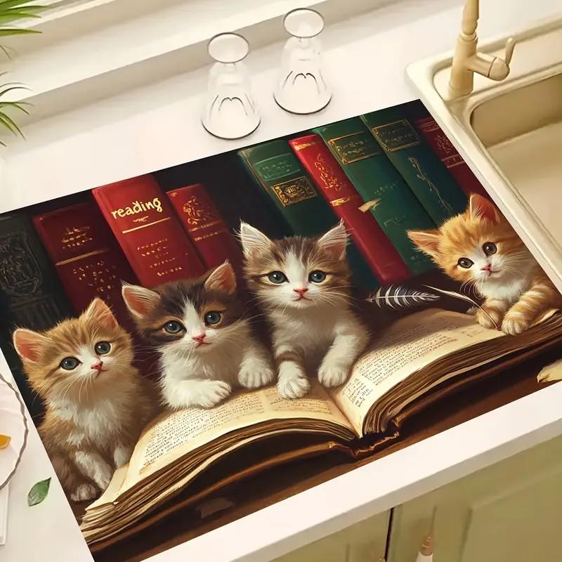 Kitten Cute Cat Kitchen Tableware Drying Mat Coffee Machine Drain Pad Countertop Absorbent Draining Mat Dinnerware Table Decor