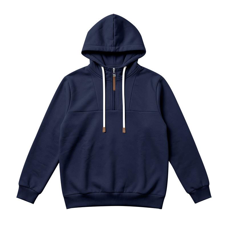 Men's Half‑Zip Fleece Hoodie, Leather‑Tip Drawstrings, Ribbed Cuffs & Hem, Relaxed Fit Casual Pullover Sweatshirt