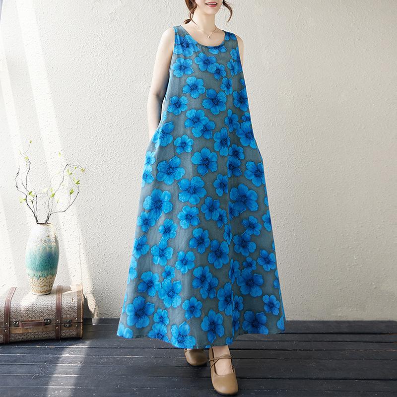 

Летние платья в этническом стиле больших размеров из хлопка и льна с принтом, свободные, с круглым вырезом, без рукавов, с длинной юбкой для женщин 5XL