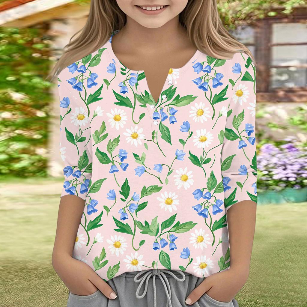 Print Tops For Youth Girls V Neck Button 3/4 Sleeves T-Shirts Trendy Tops Outfit Tees