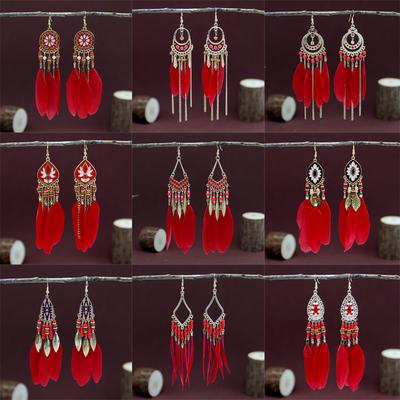 Ethnic Style Long Feather Fringed Earrings Red National Style Women'S Fashion Retro Earrings Festive Photo Decorations