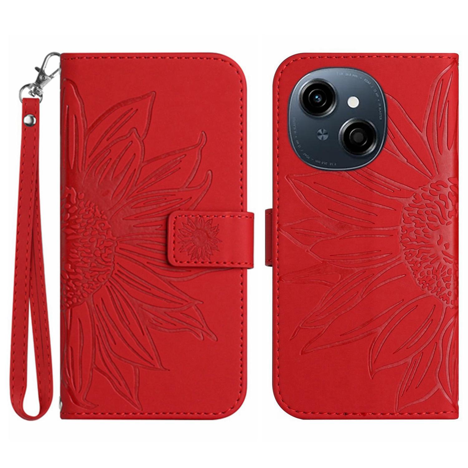 

Phone Case For TECNO Spark Go 1/Spark Go 2025/Pop 9 4G Sunflower Imprint Leather Wallet Cover with Wrist Strap Red