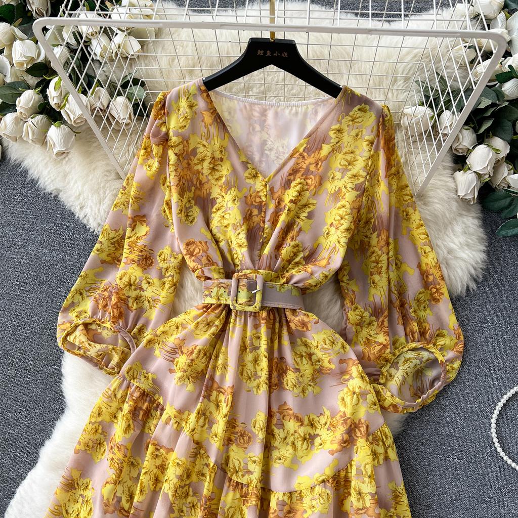 Autumn Vintage Women Floral Midi Dress Elegant V-Neck Lantern Long Sleeve Ruffle Hem A-Line New Dresses For Woman