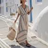 Style Européen et Américain Mode Style Été Nouveau Rayé Vacances d'Été Col en V Manches Femmes Plissé Balancement Robe