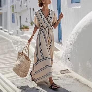 European and American fashion style summer new striped summer vacation v-neck women s sleeve pleated pendulum dress S