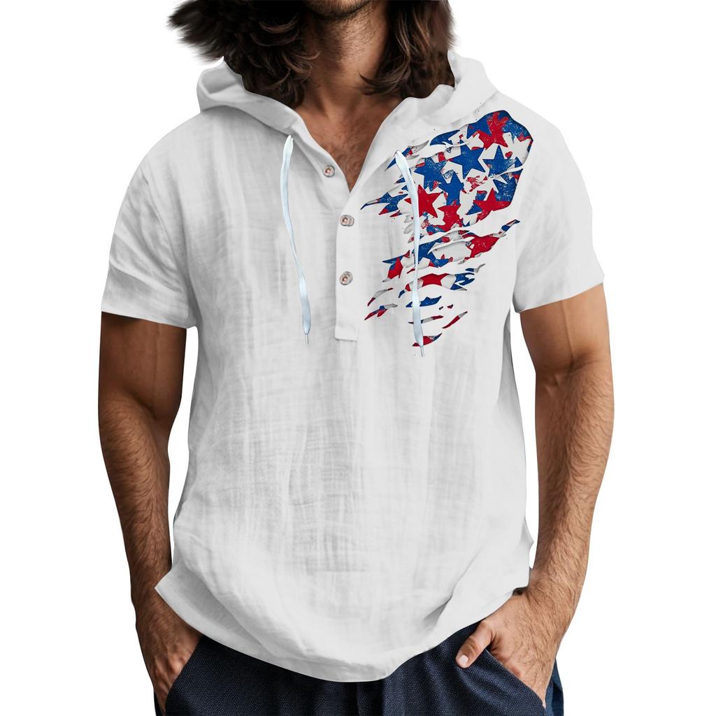 Men'S Casual Short Sleeved Hooded Top Buttoned Open Neck T-Shirt