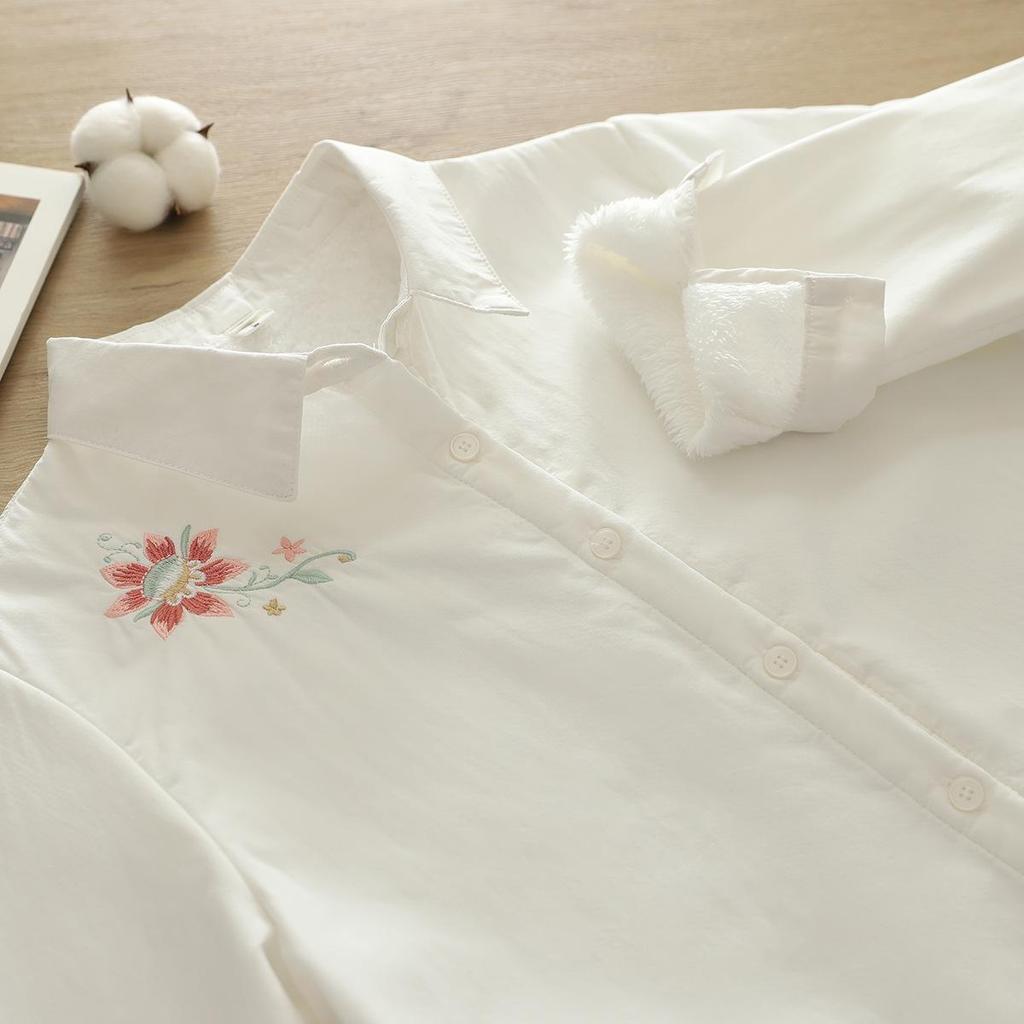2025 Autumn/Winter Women's Sweet Embroidery Pomegranate Flower Long Sleeve Plus Velvet Full Cotton Warm Shirt