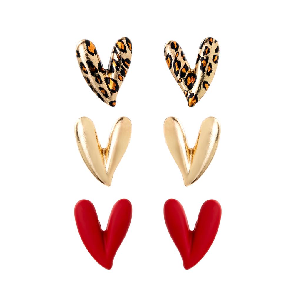 3 Pairs of Personalized and Versatile Leopard Print Heart-shaped Women's Earrings Set, Red Spray Painted Earrings