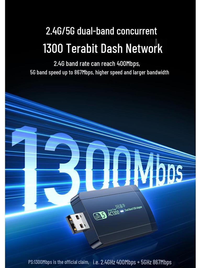 Regent 1300M USB WiFi 5 Dual-Band Wireless Network Card for Desktop & Laptop (5G, Driver-Free)