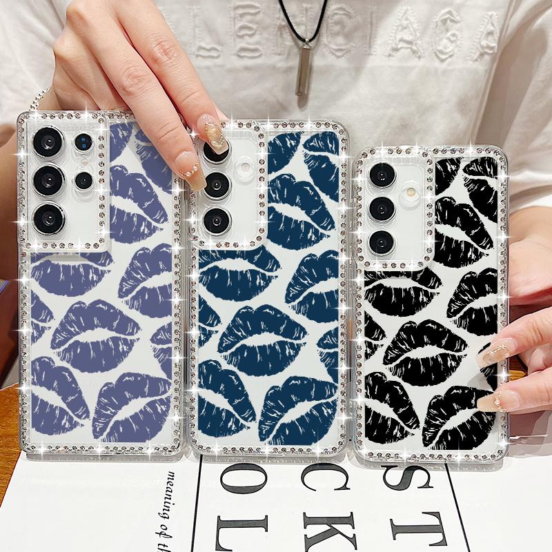 Diamond Frame Lips Print Soft Silicone Case For Samsung S25 Edge S24 FE S23 Ultra S22 A16 A56 A36 A15 A55 A35 Clear Shockproof Phone Cover