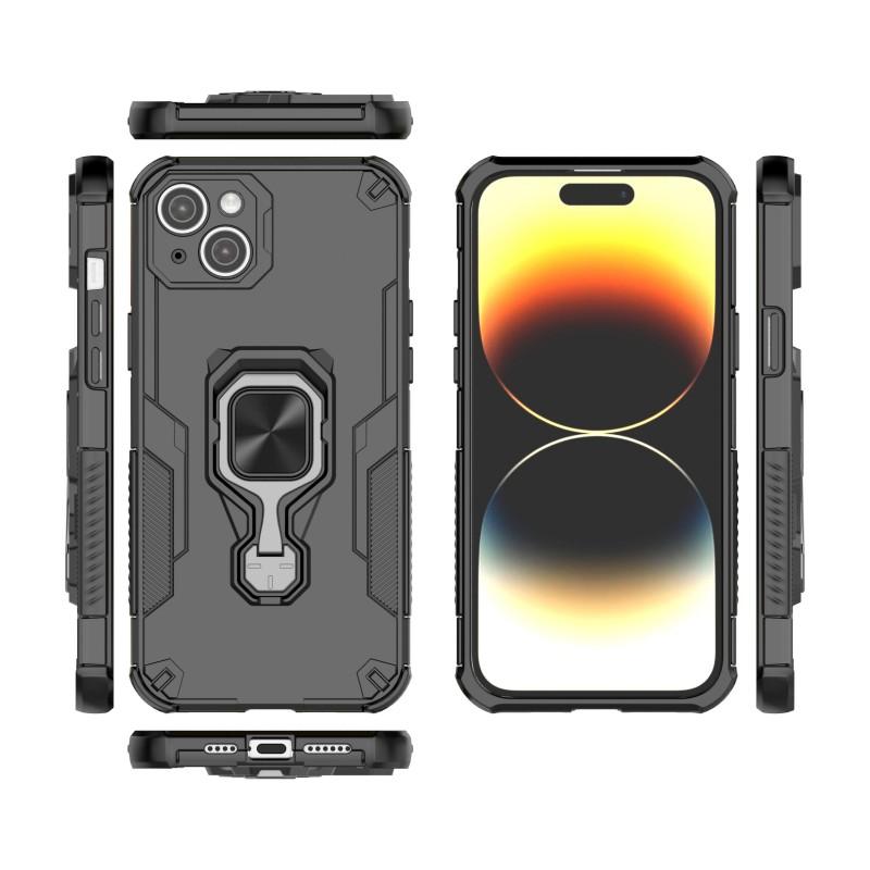 For iPhone 14 Phone Case WANLONFENG PC TPU Back Cover Kickstand with Tempered Glass
