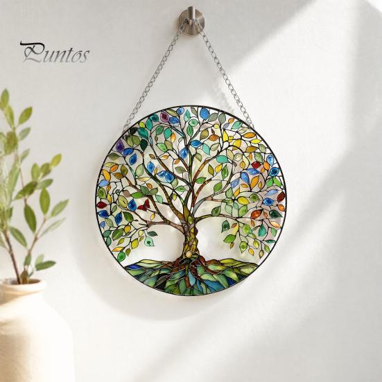 Indoor Outdoor Suncatcher Tree of Life Round Hanging Sign, Stained Glass Acrylic Sign Decoration, Window Wall Ornament for Sun Resistant