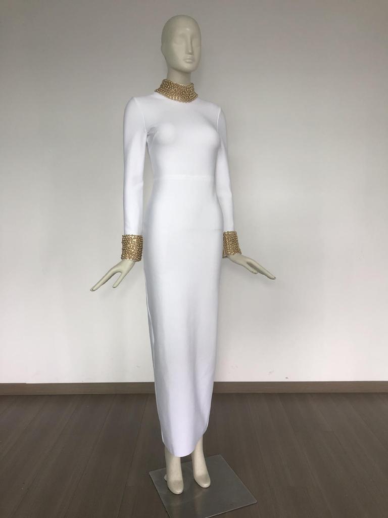 Beaded Stand Collar Backless Bodycon European & American Long Dress - Retro Light Luxury Design