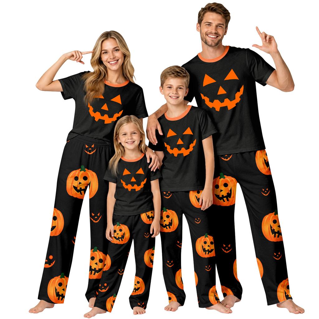 Family Matching Halloween Printed Loungewear Set Short Sleeve Top and Pants for Couples and Kids