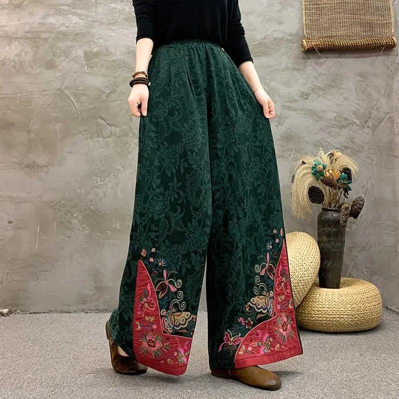 Women's Black Wide Leg Pants Ethnic Style Embroidery Cuff Loose Casual Trousers