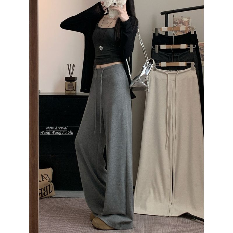 Drawstring High Waist Casual Pants Loose Pants Women's Autumn Drape Baggy Straight Trousers Apricot Mop Pants Lazy Long Pants