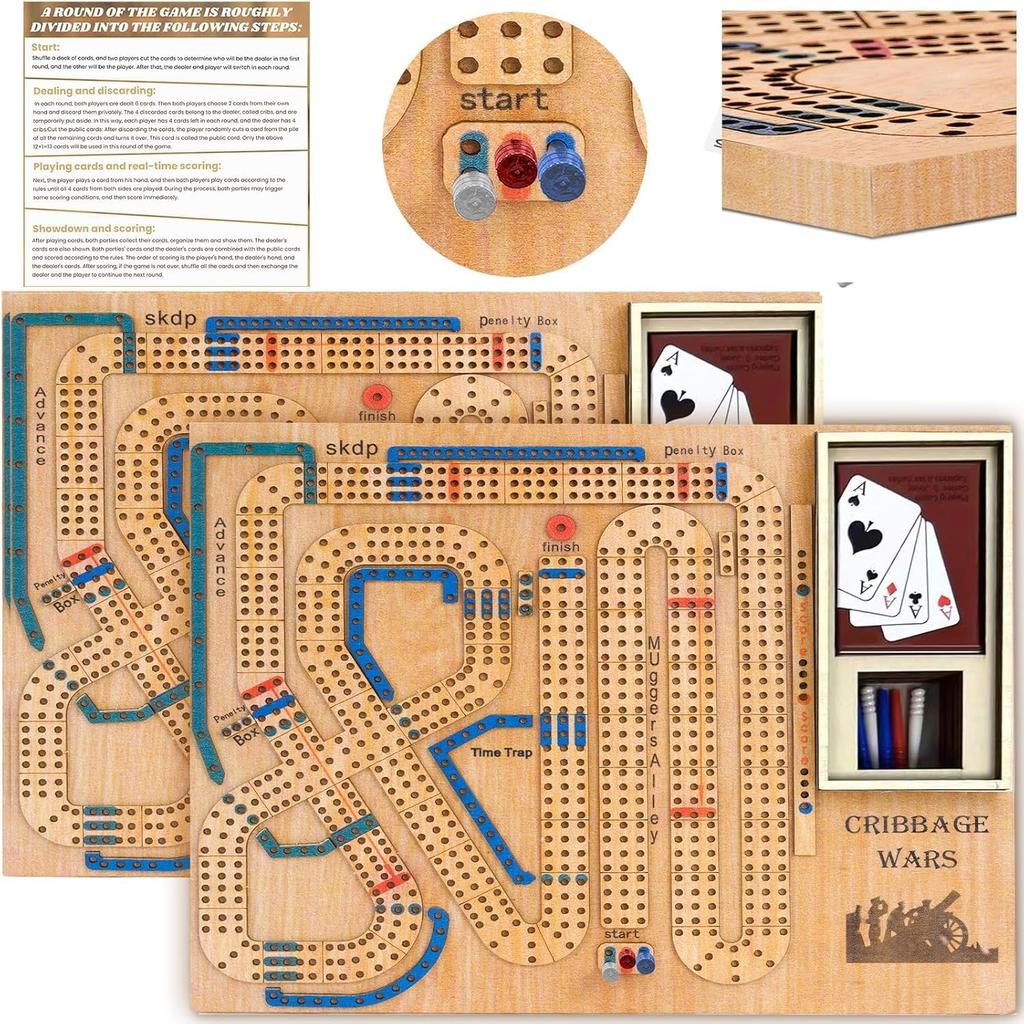 Cribbage Wars Board Game,2025 Wooden Cribbage Board Game Set Traps Cribbage Games Classic Board Game Night Bar Games for Families