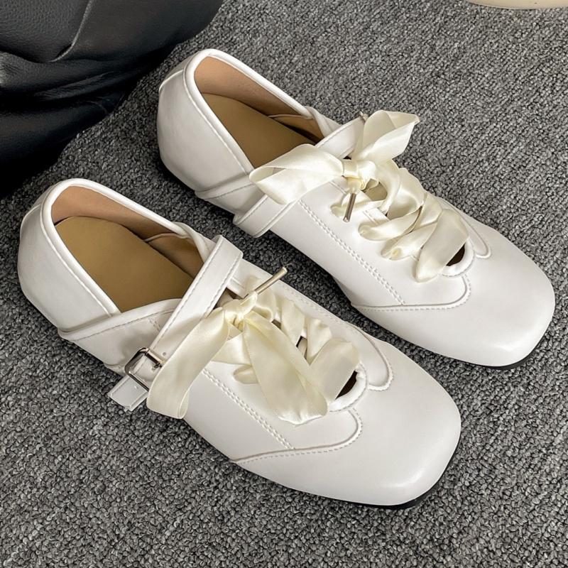 Fashion Square Toe Shallow Mouth Mary Janes New Women's Inside Heightened Ribbon Bow Casual Soft Sole Non-Slip Single Flat Shoes