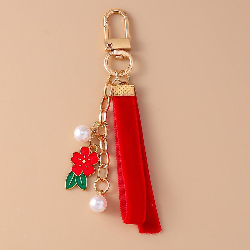Cute Beaded Pearl Flower Keychain Women Girls Ribbon Bowknot Key Ring Pendant for Handbag Decor Handmade Key Chain Jewelry Gift
