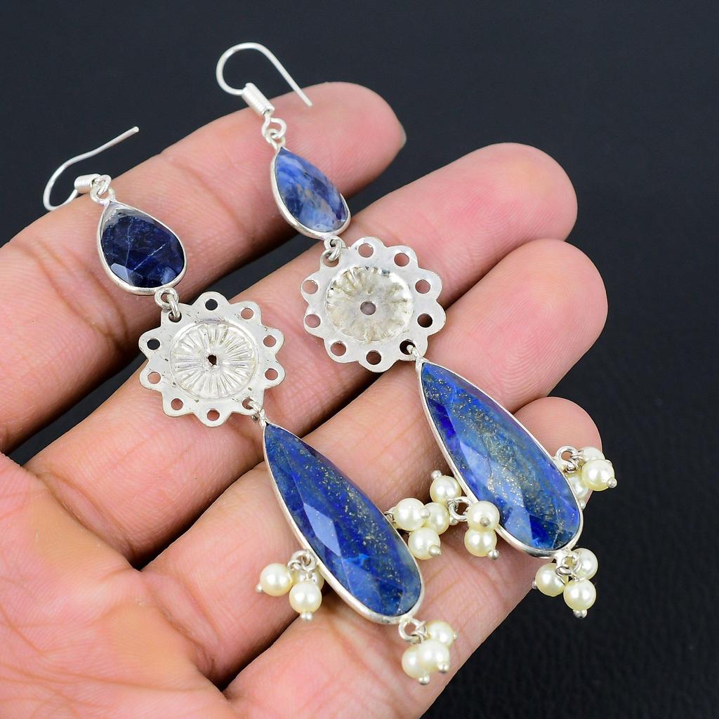 Friendship Day Sale Lapis Lazuli Stone Dangle Earrings Jewelry Sterling Silver