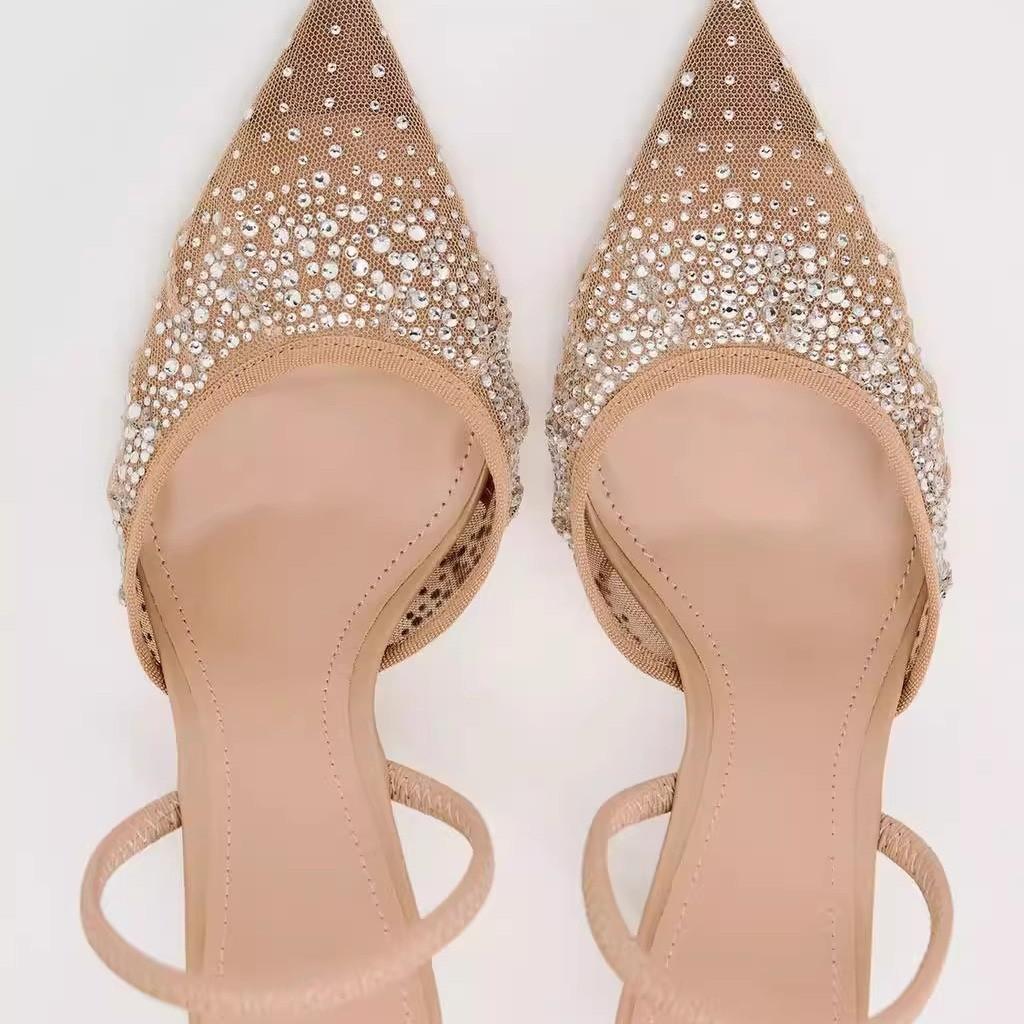 Sommer Damen Sandalen Strass Helles Mesh High Heels Schuhe Elegante Slingback Spitz Slip on Party Lady Pumps Schuhe