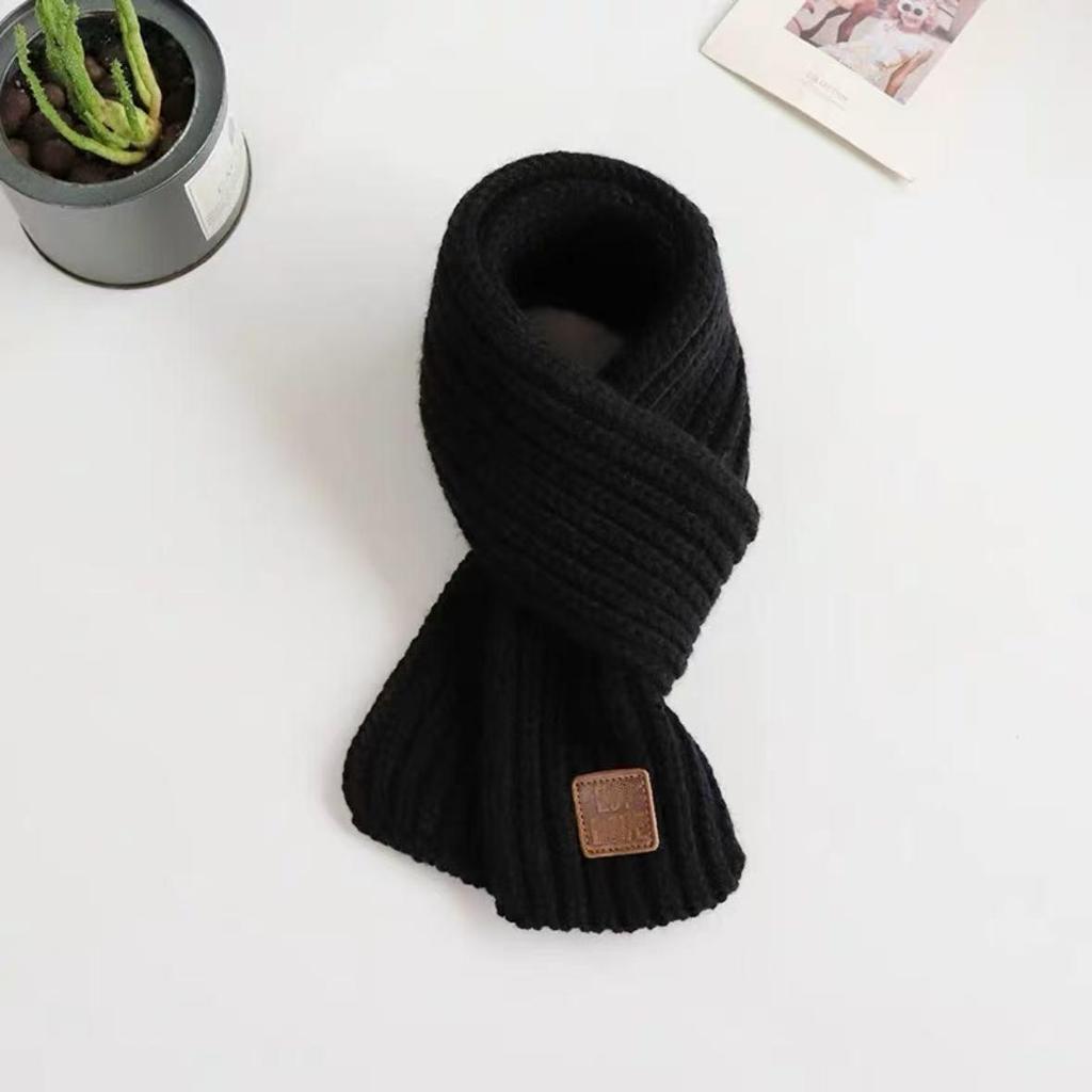 Kids' Cute Korean Style Knit Wool Scarf with Leather Label - Versatile for Winter and Autumn
