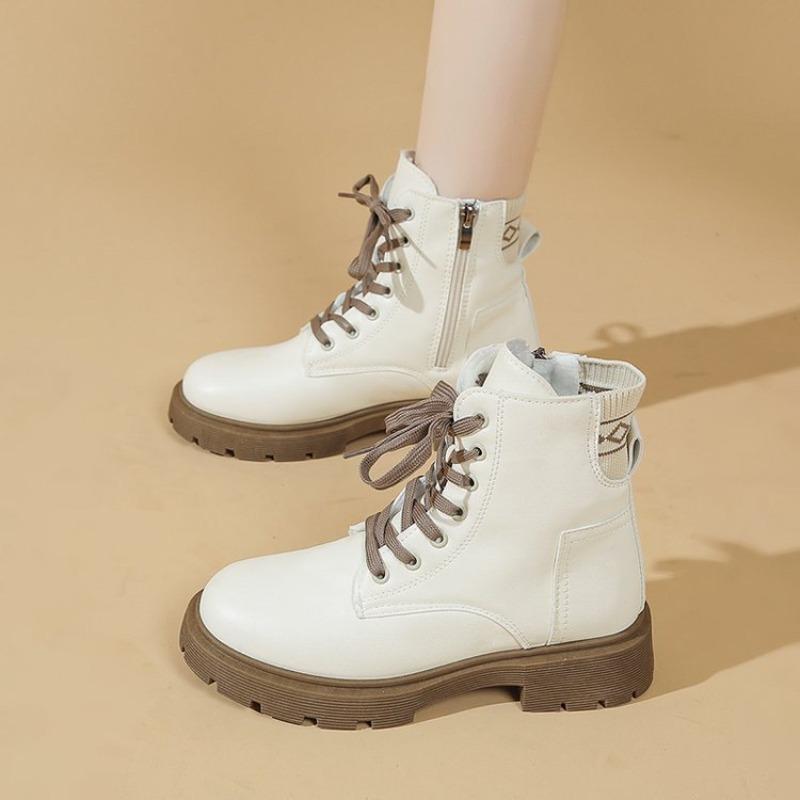 Fleece Martin boots women's short boots autumn and winter new British boots zipper heightened lace-up thick-soled single boots